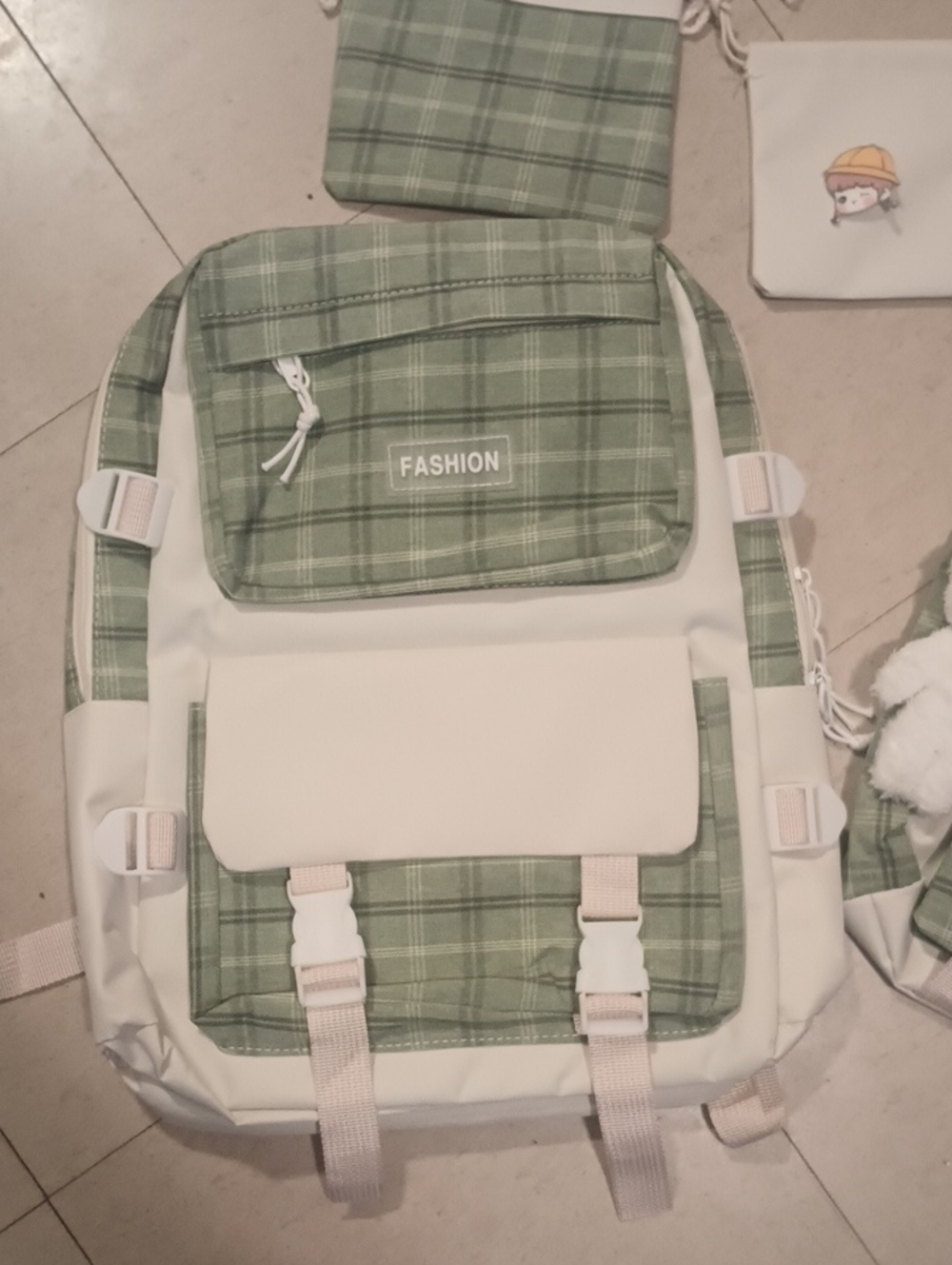 Green Plaid Backpack & Tote Set - Fashion Patch Teddy Bear Keychain Accessories - Picture 3 of 8